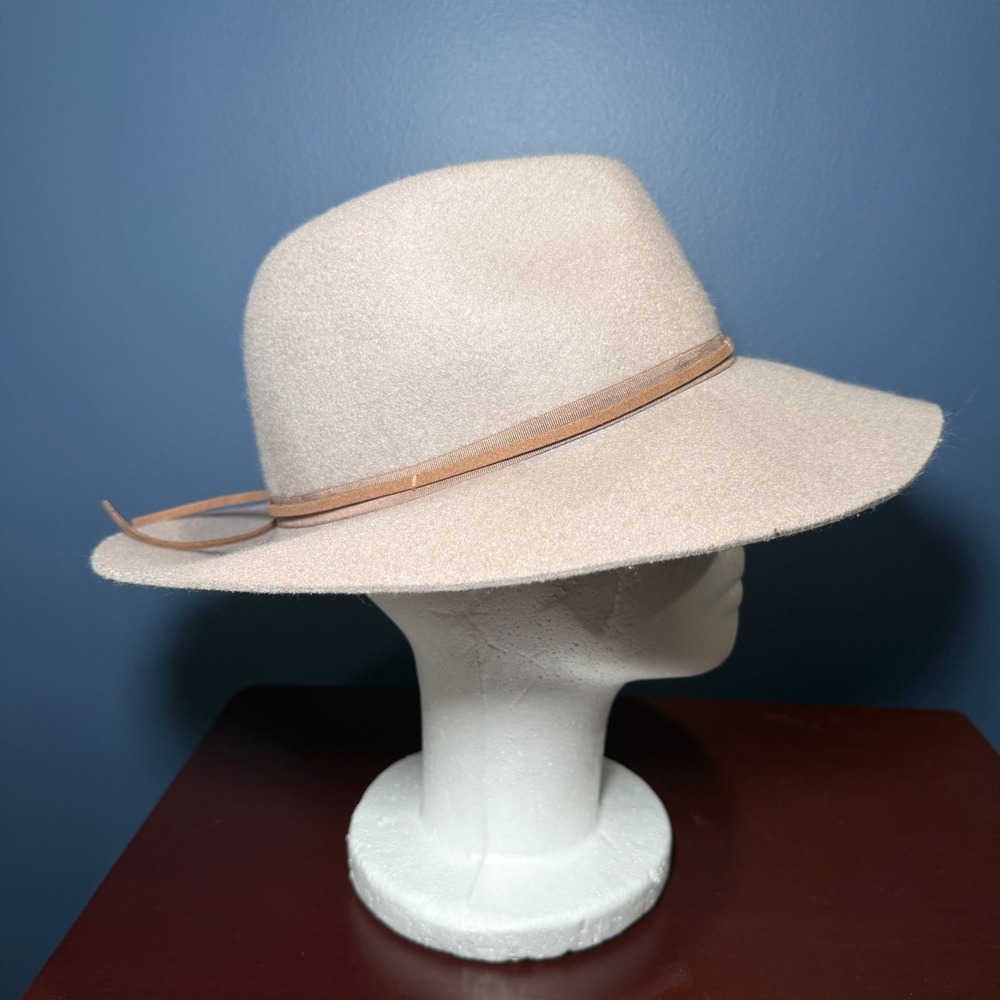 Hinge Womens Beige 100% Wool Wide Brim Fedora Hat Adjustable One Size